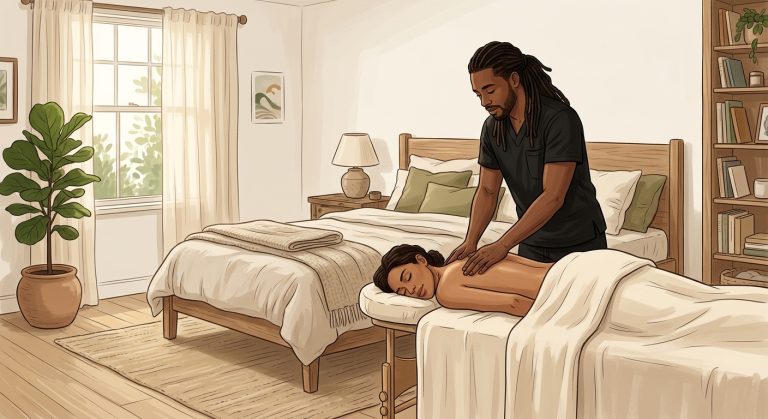 Professional Black male massage therapist performing relaxing Swedish massage on woman client resting face-down in a serene bedroom setting