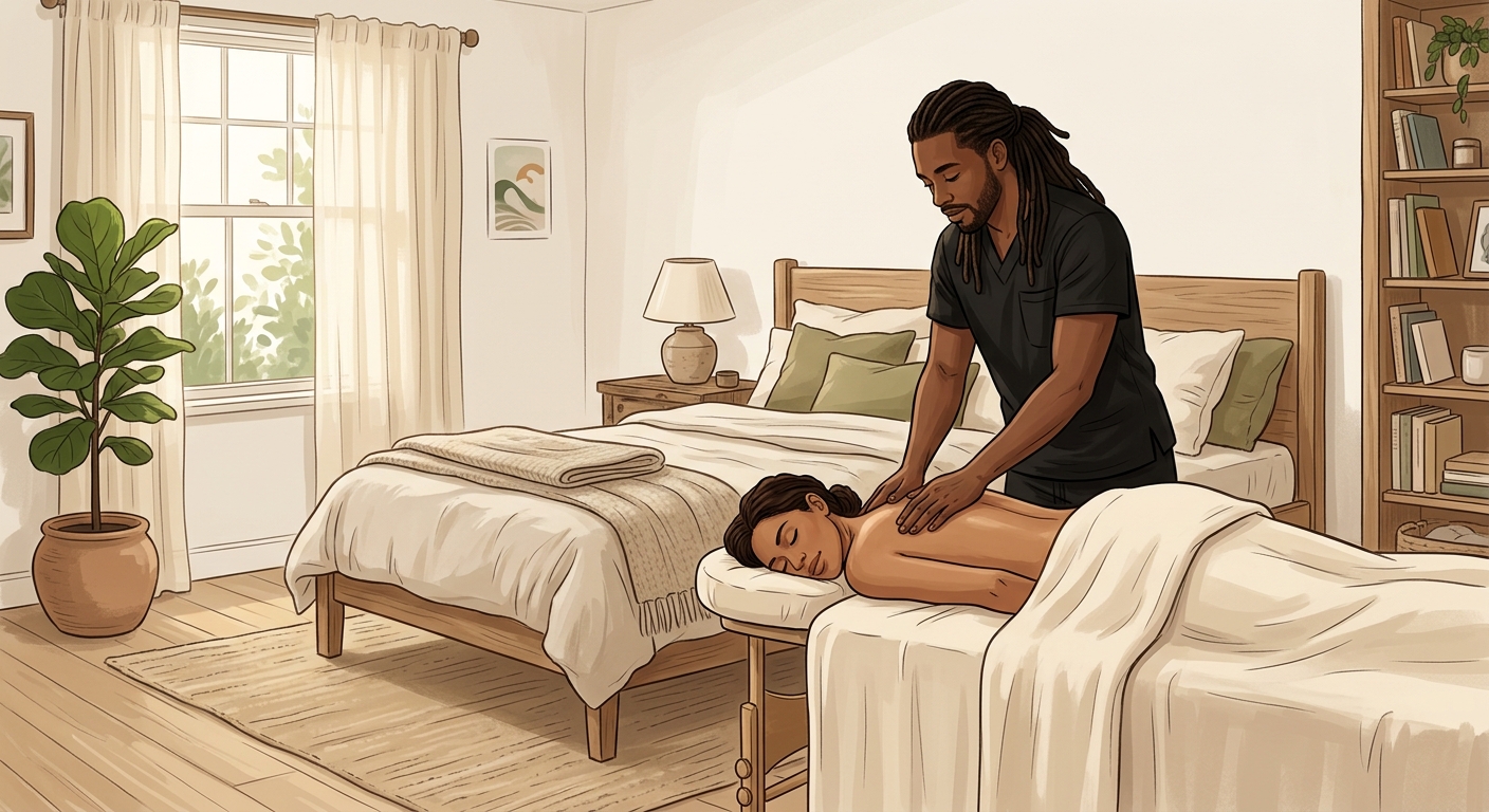 Professional Black male massage therapist performing relaxing Swedish massage on woman client resting face-down in a serene bedroom setting