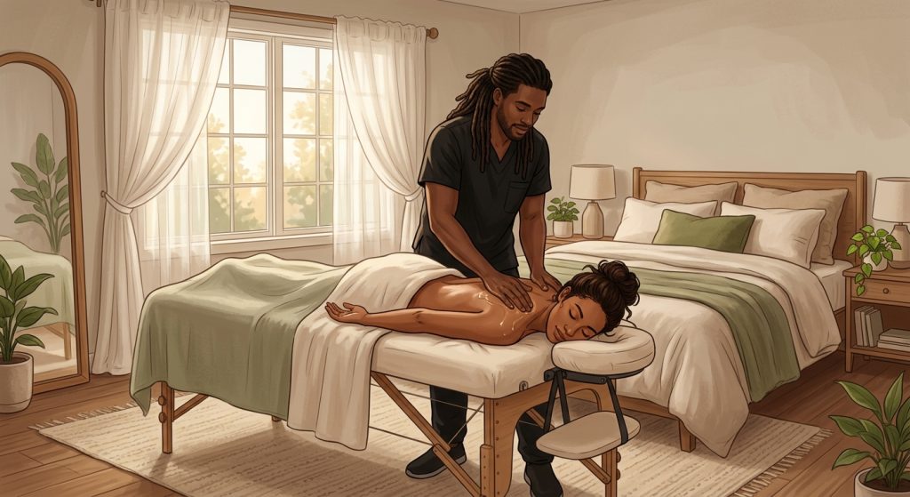 Professional Black male massage therapist applying therapeutic essential oils to the upper back of a face-down woman client in a bedroom.