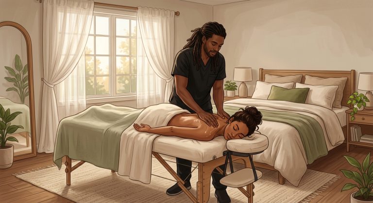Professional Black male massage therapist applying therapeutic essential oils to the upper back of a face-down woman client in a bedroom.