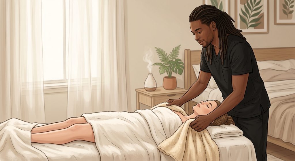 Professional massage therapist performing in-home postpartum therapy for a face-up woman resting in a serene bedroom setting.