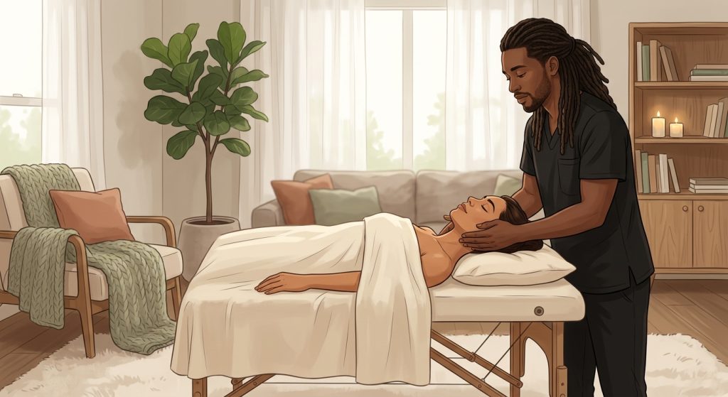 Professional massage therapist providing gentle post-surgical lymphatic drainage massage to a face-up woman client in a cozy home setting.