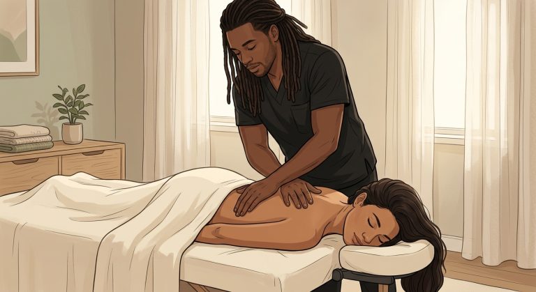 Professional massage therapist relieving upper back knots on face-down woman client in a serene bedroom home spa setting