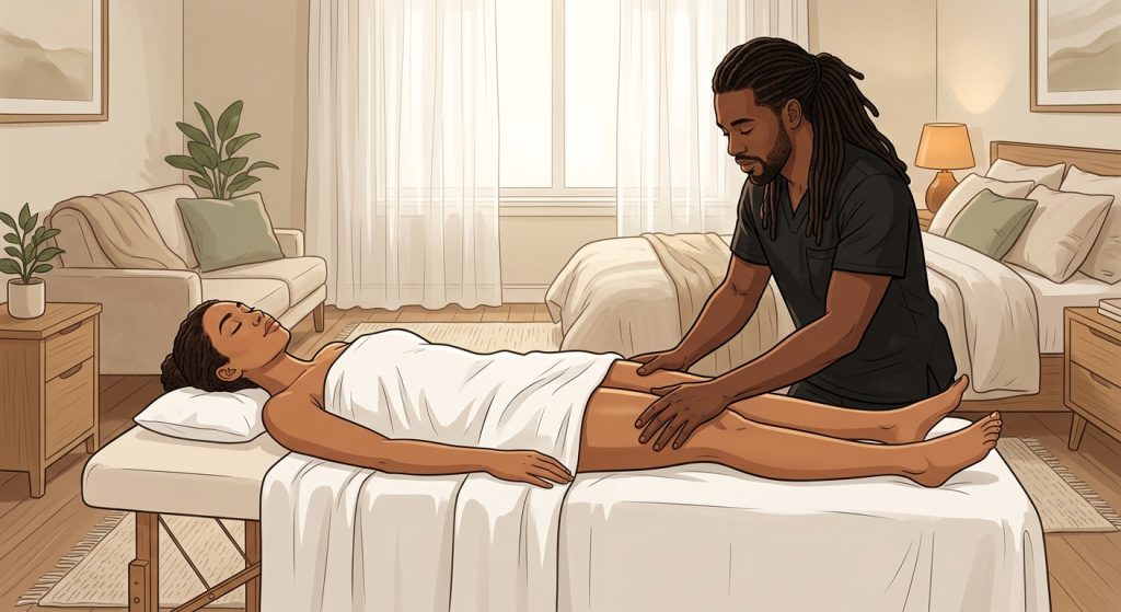 Professional massage therapist performing emotional release hip massage on face-up woman client in a serene home bedroom setting.
