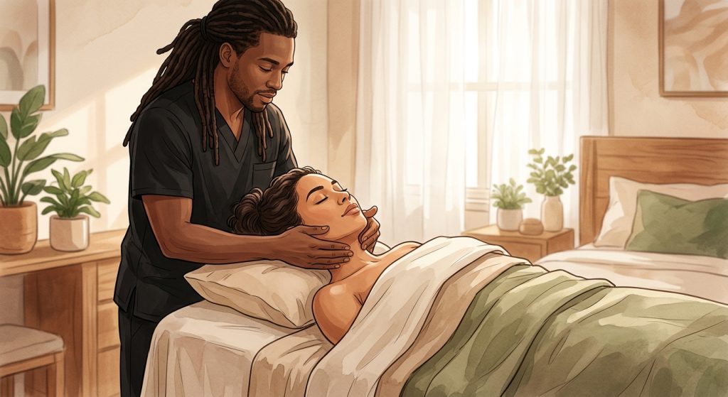 Professional Black male massage therapist performing soothing facial lymphatic drainage on a face-up woman client in a peaceful home bedroom setting.
