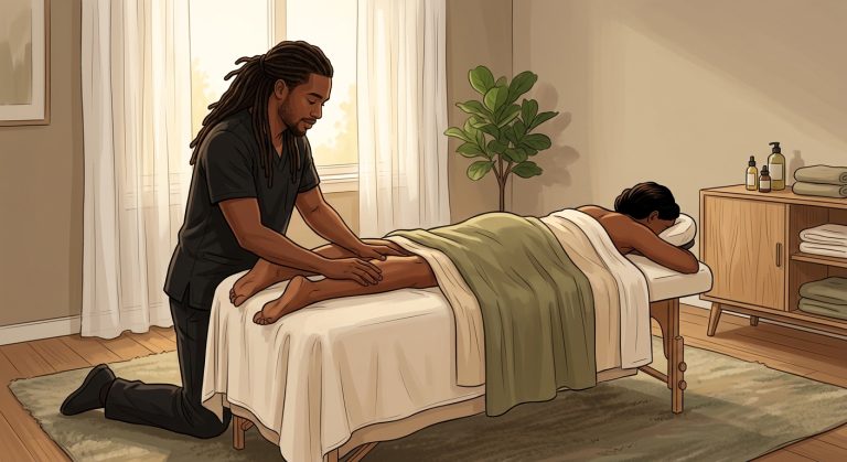 Illustration of Palm Beach massage therapist providing gentle, effective massage to a woman face-down in a serene bedroom.