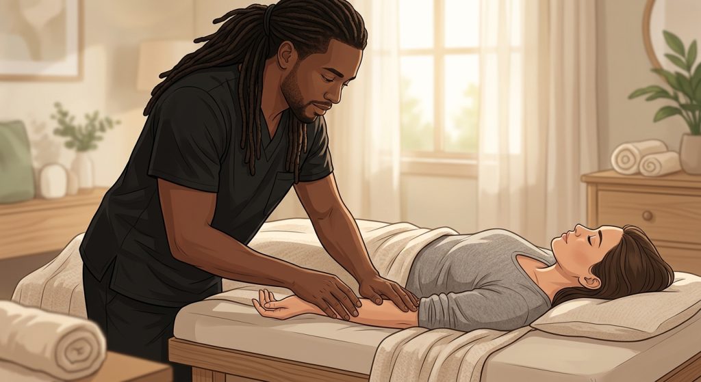 Professional Black male massage therapist providing natural carpal tunnel and wrist pain relief massage to a woman client resting face-up in a serene bedroom setting
