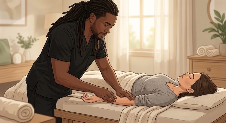 Professional Black male massage therapist providing natural carpal tunnel and wrist pain relief massage to a woman client resting face-up in a serene bedroom setting