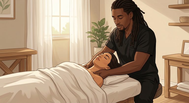 Illustrated massage therapist providing tension headache relief by massaging a face-up Hispanic woman's neck in a serene bedroom setting.