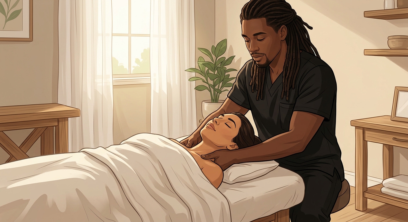 Illustrated massage therapist providing tension headache relief by massaging a face-up Hispanic woman's neck in a serene bedroom setting.