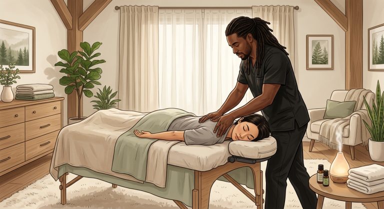 Professional massage therapist performing soothing Swedish massage on face-down woman client in a serene bedroom setting