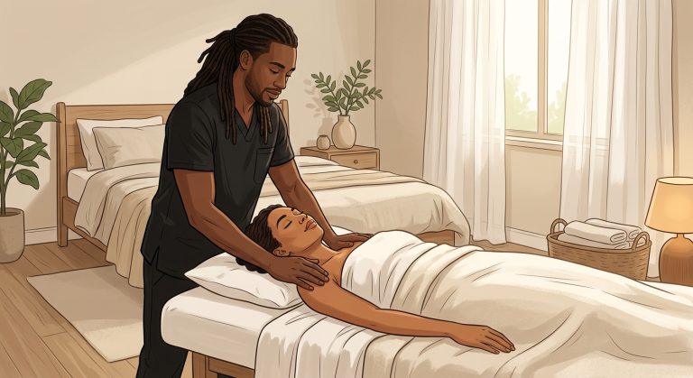 Professional massage therapist performing gentle pre-op lymphatic drainage on a woman client positioned face-up in a serene bedroom setting.