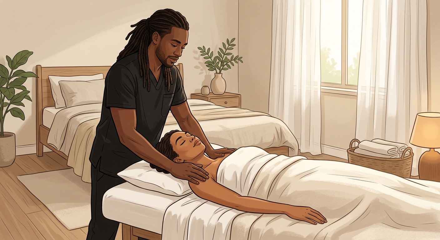 Professional massage therapist performing gentle pre-op lymphatic drainage on a woman client positioned face-up in a serene bedroom setting.