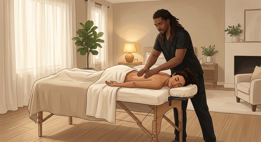 Professional massage therapist performing a stress management massage on a face-down woman client in a serene bedroom setting.