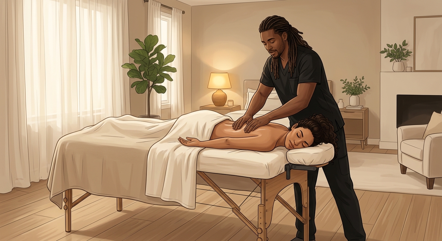 Professional massage therapist performing a stress management massage on a face-down woman client in a serene bedroom setting.