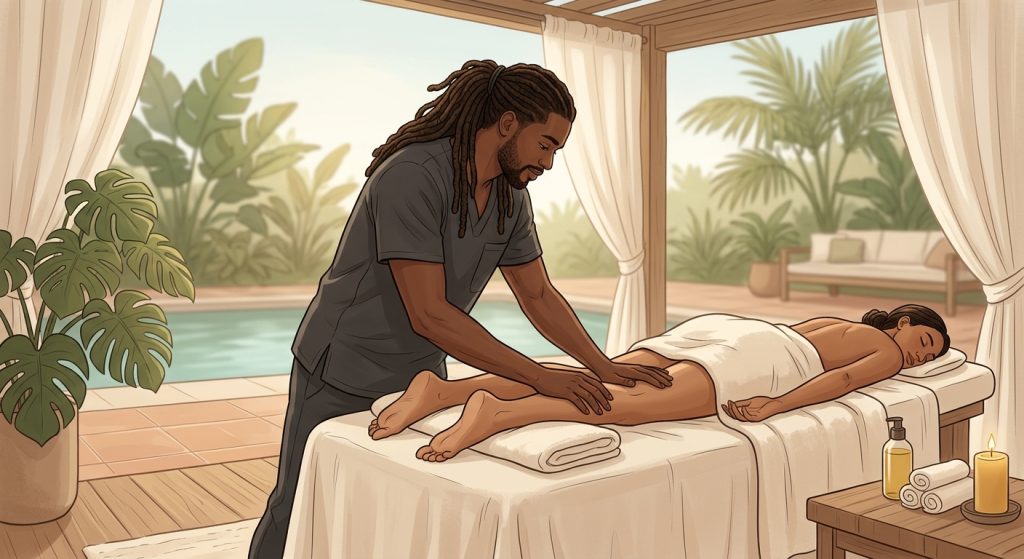 Professional Black male massage therapist performing therapeutic leg massage on a face-down woman client on an airy, peaceful patio setting.