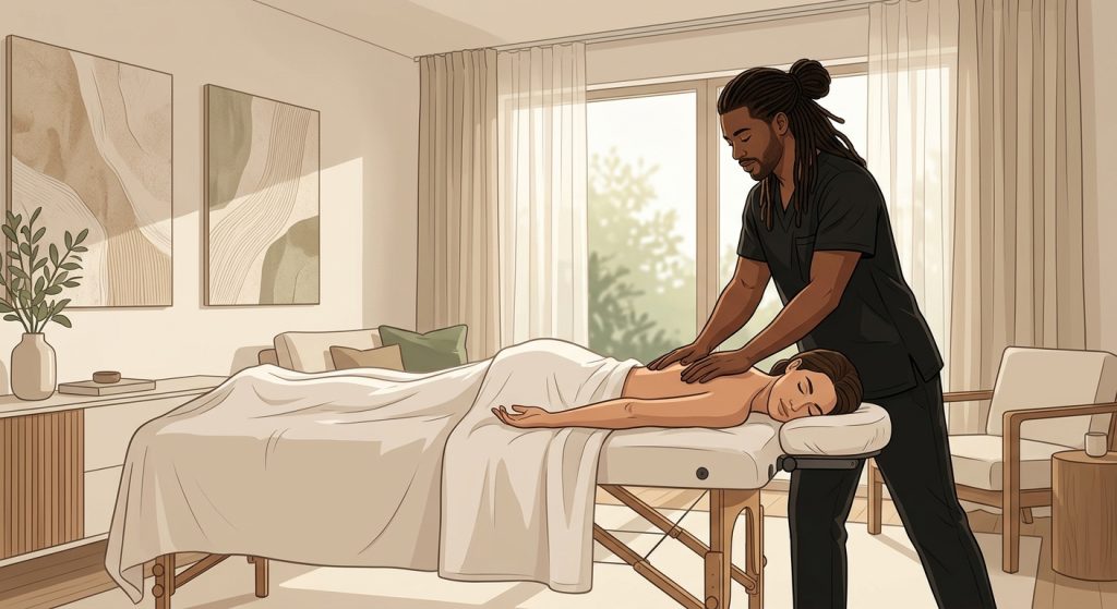 Professional in-home massage therapist performing tech neck treatment on a face-down woman client in a minimalist modern home lounge setting.