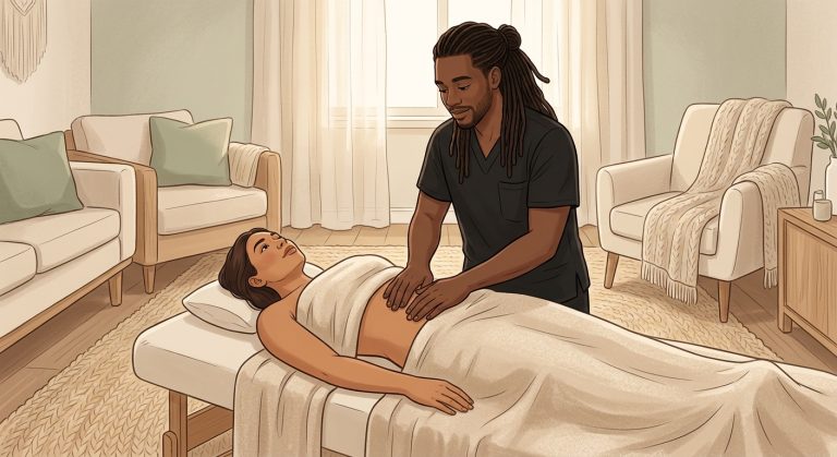 Massage therapist performing gentle abdominal lymphatic massage on a face-up woman client in a cozy, sunlit living room.