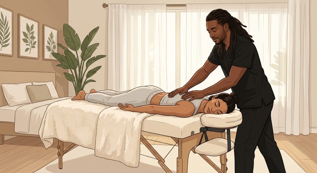 Professional Black male massage therapist with locs performing upper back massage on face-down woman client in a serene bedroom setting
