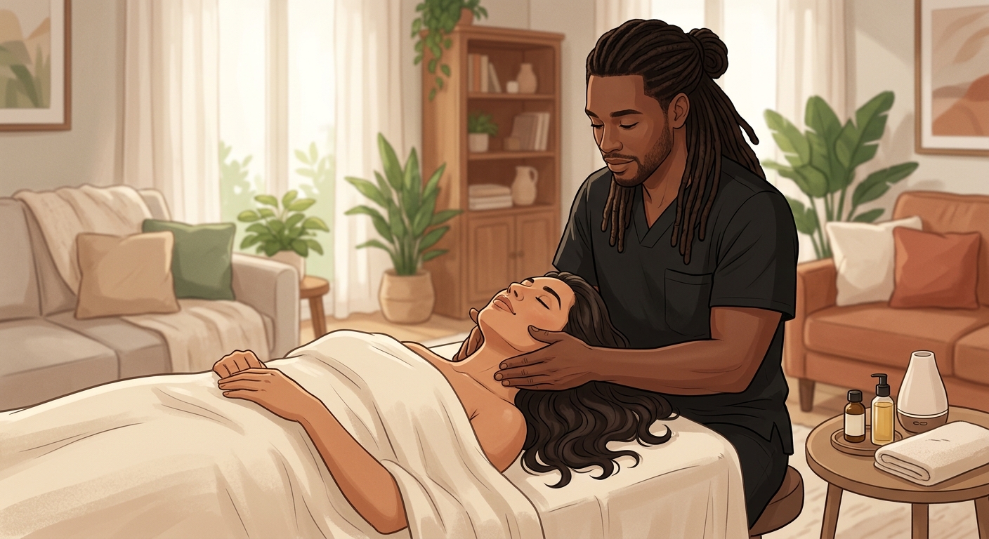 Professional massage therapist providing gentle post-surgical lymphatic drainage massage to a face-up woman client in a cozy home setting.