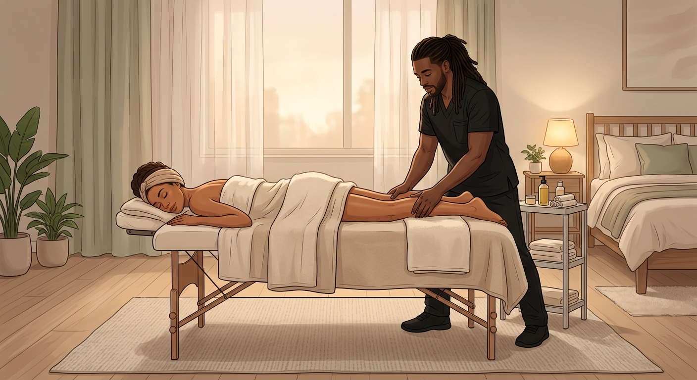 Professional massage therapist performing evening mobile massage on face-down woman client in a serene bedroom setting.