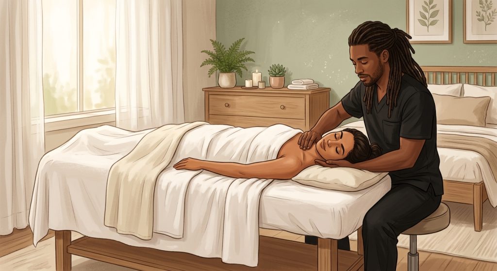 Professional massage therapist performing therapeutic frozen shoulder massage on a face-up woman client in a peaceful home spa setting.