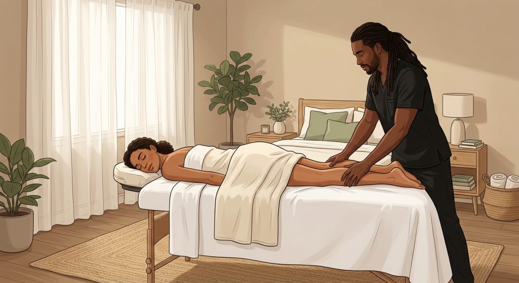 Professional massage therapist performing therapeutic massage on face-down woman client in peaceful home spa bedroom setting.