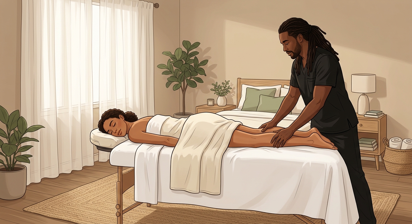 Professional massage therapist performing therapeutic massage on face-down woman client in peaceful home spa bedroom setting.