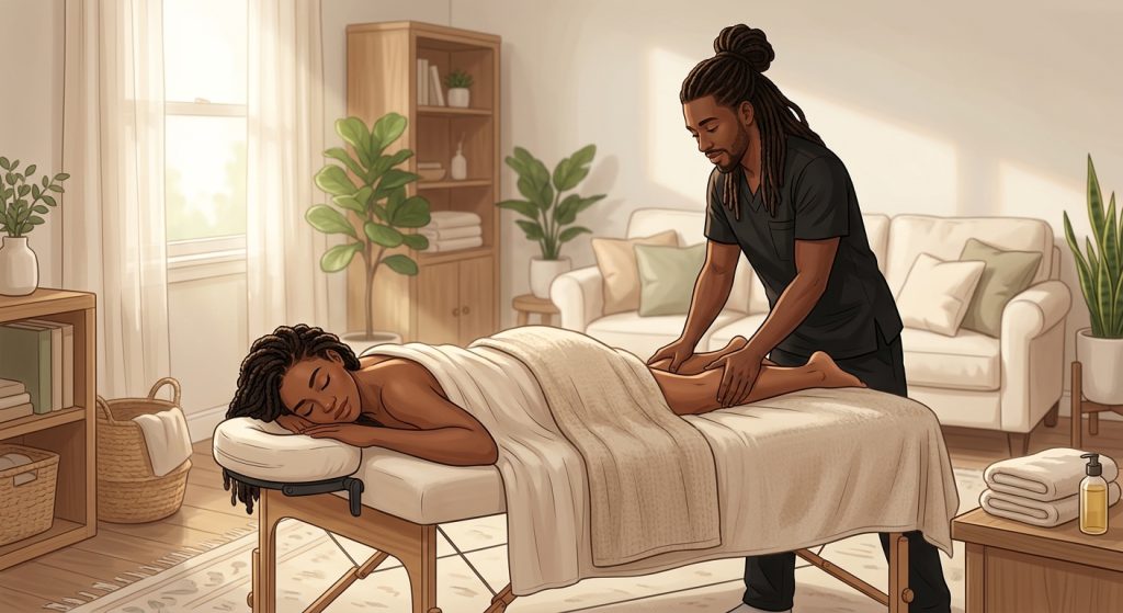 Professional Black male massage therapist providing deep tissue massage on a face-down woman's calves in a serene, cozy living room spa setting.