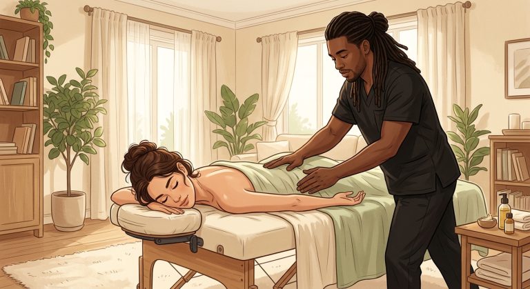 Professional massage therapist releasing myofascial tension on woman client face-down in a cozy living room home spa setting.