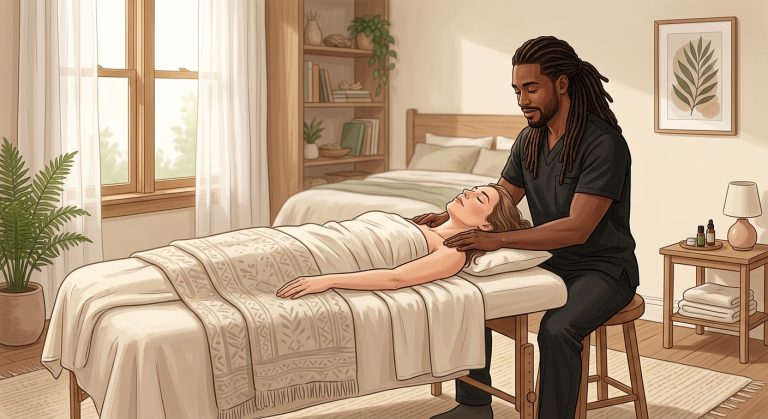 Professional massage therapist performing relaxing shoulder massage on woman client in peaceful home spa bedroom setting.