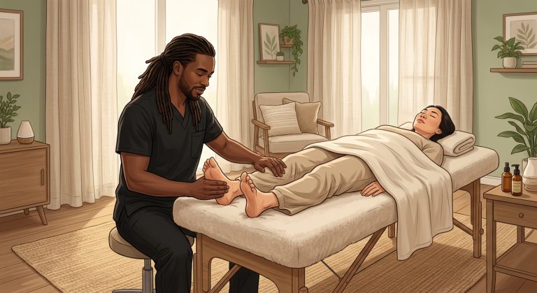 Professional massage therapist performing holistic foot massage reflexology on a face-up woman client in a home spa setting