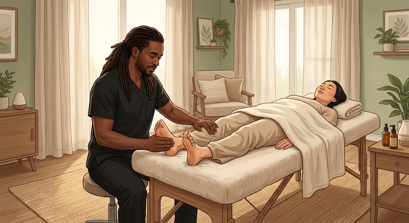 Professional massage therapist performing holistic foot massage reflexology on a face-up woman client in a home spa setting