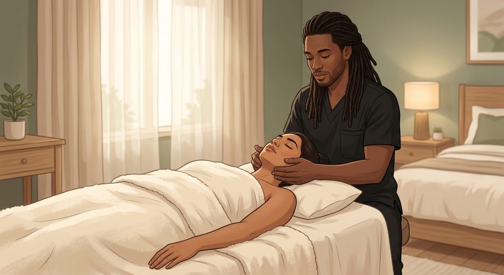 Professional massage therapist performing targeted jaw pain massage for TMJ relief on face-up woman client in a serene bedroom setting.