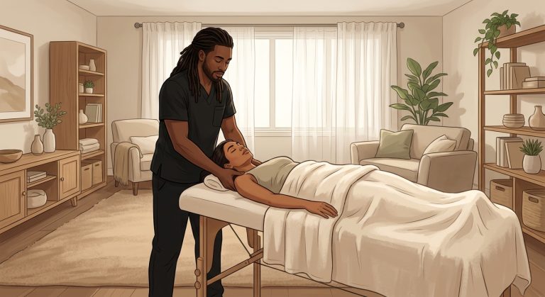 Professional massage therapist providing relaxing vagus nerve reset neck massage to a face-up woman client in a cozy home living room.