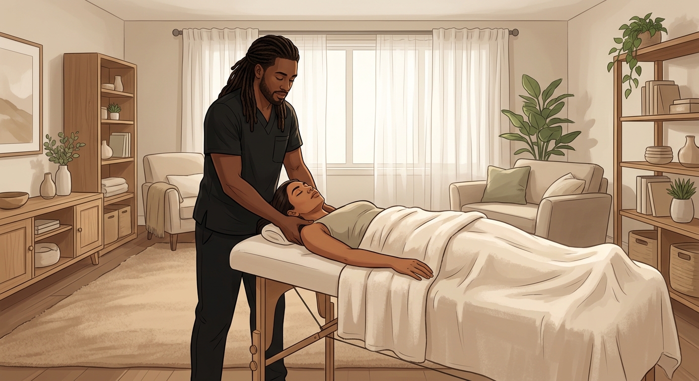 Professional massage therapist providing relaxing vagus nerve reset neck massage to a face-up woman client in a cozy home living room.