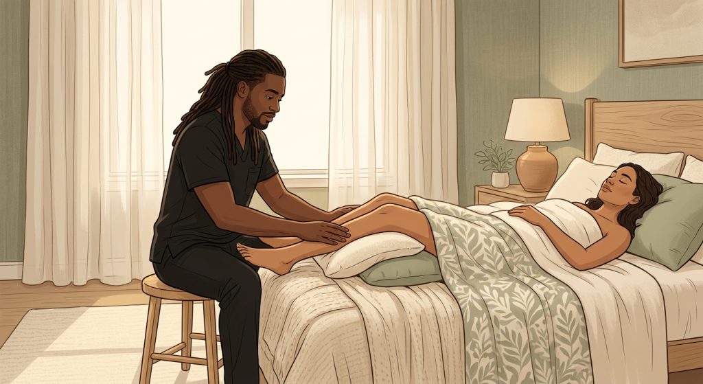 Professional massage therapist performing gentle lymphatic drainage on face-up woman client in peaceful home spa bedroom.