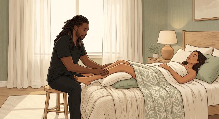 Professional massage therapist performing gentle lymphatic drainage on face-up woman client in peaceful home spa bedroom.