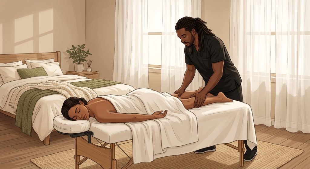 Professional massage therapist massaging the calves of a face-down woman client in a serene bedroom setting, representing in-home massage.