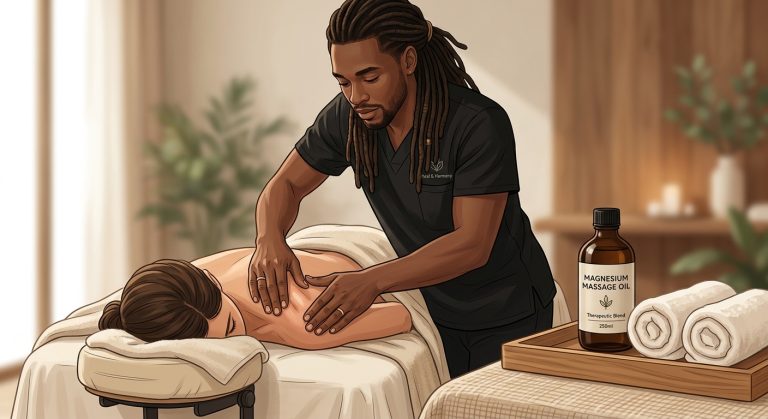 Illustrated close-up of a massage therapist massaging a face-down woman's back next to a bottle of magnesium oil in a home setting.