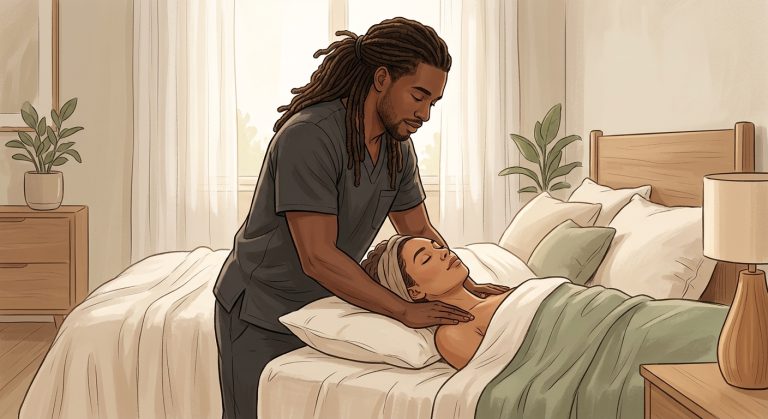 Black male massage therapist with long locs performing a relaxing shoulder massage on a woman client lying face-up in a serene bedroom