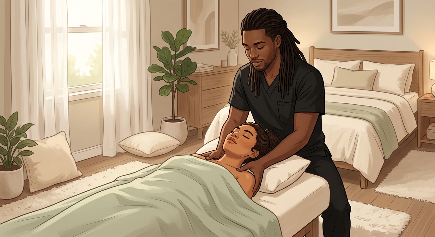 Illustrated Black male massage therapist treating a face-up woman client for neck pain in a serene, sunlit bedroom setting.