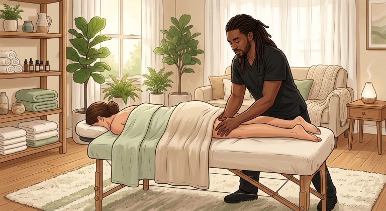 Professional massage therapist performing targeted lower back and hamstring massage on woman client face-down in a cozy living room