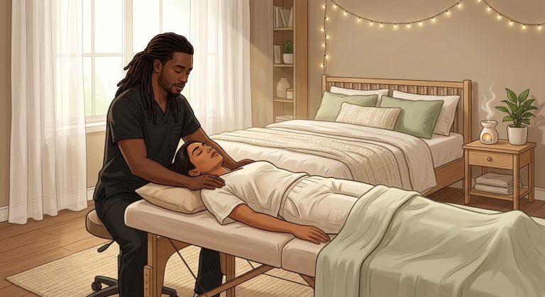Professional massage therapist performing grounding somatic touch on a face-up woman client in a serene bedroom spa setting.