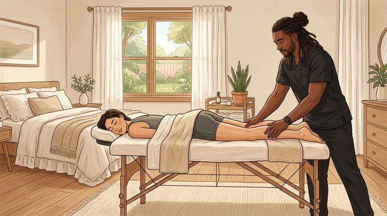 Professional Black male massage therapist massaging the calves of a face-down woman client in a serene bedroom setting.