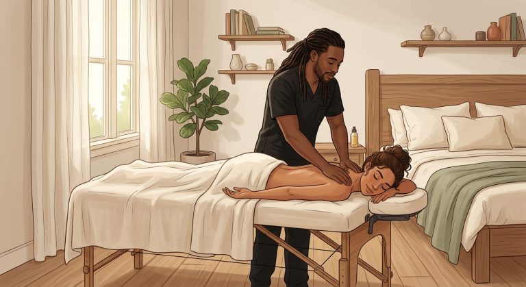 Illustrated mobile massage therapist performing relaxing Swedish massage on face-down woman client in a serene bedroom setting.