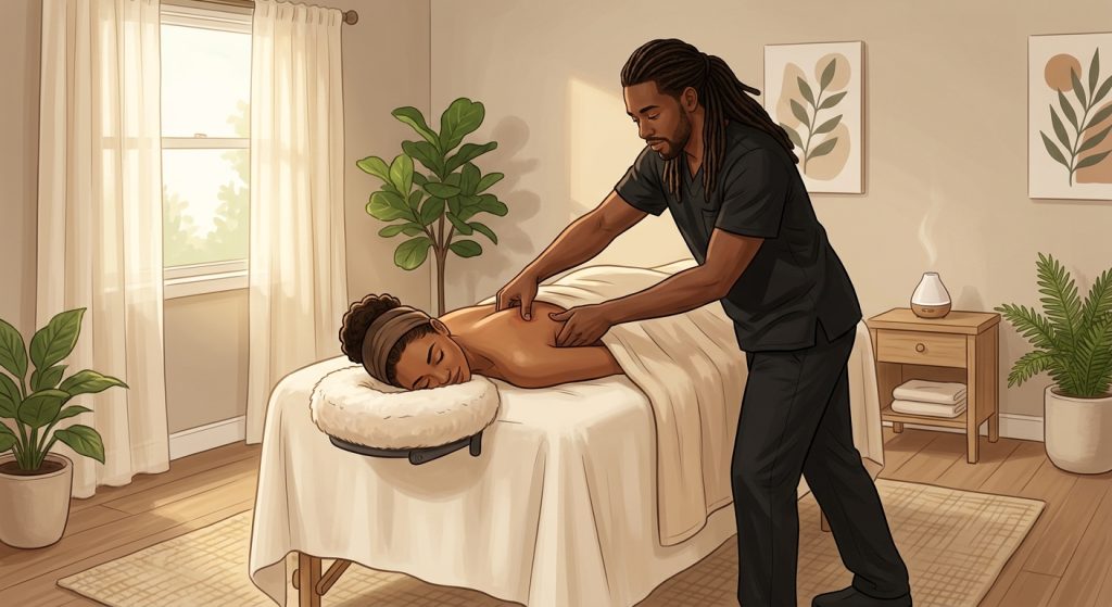 Black male massage therapist with locs applying targeted trigger point therapy to shoulders of a woman client in a serene bedroom