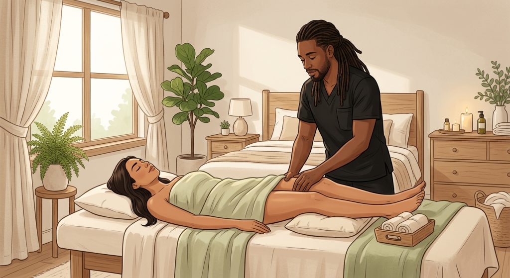 Professional massage therapist providing gentle arthritis relief massage on woman's legs in a peaceful, sunlit Palm Beach bedroom spa setting.