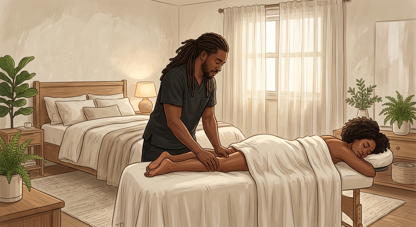 Professional Black male massage therapist with locs performing therapeutic bodywork on face-down woman client in a serene, luxurious bedroom setting.