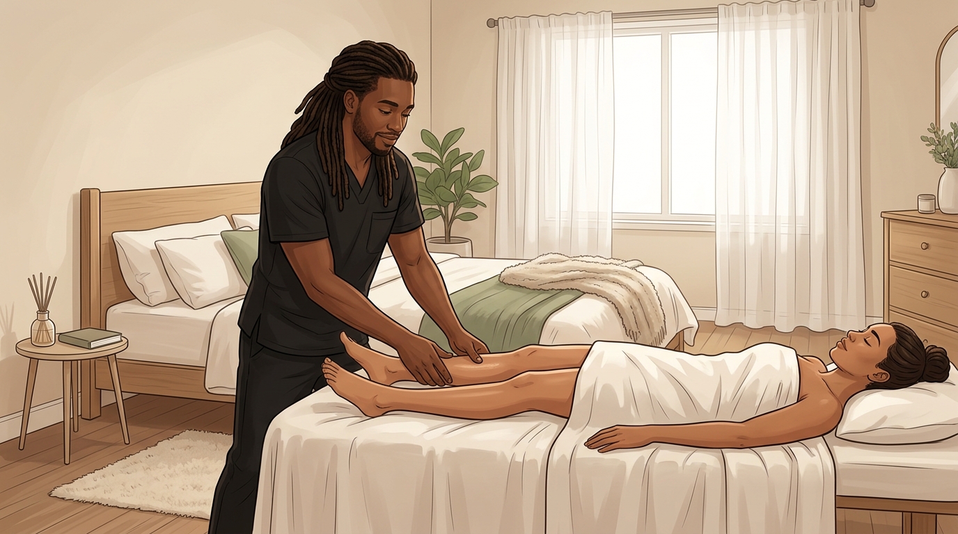 Illustrated massage therapist performing lymphatic massage on the shins and quads of a face-up woman client in a serene bedroom setting.